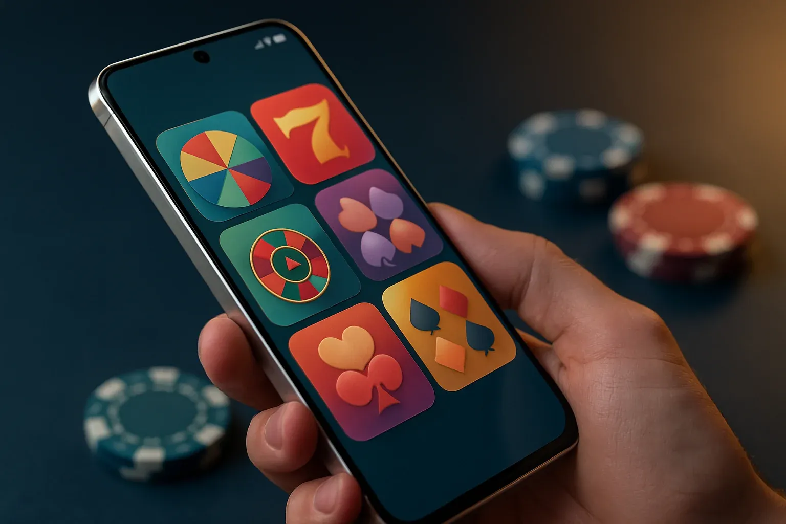 Flagship Android smartphone displaying vivid casino app interface in dramatic lighting