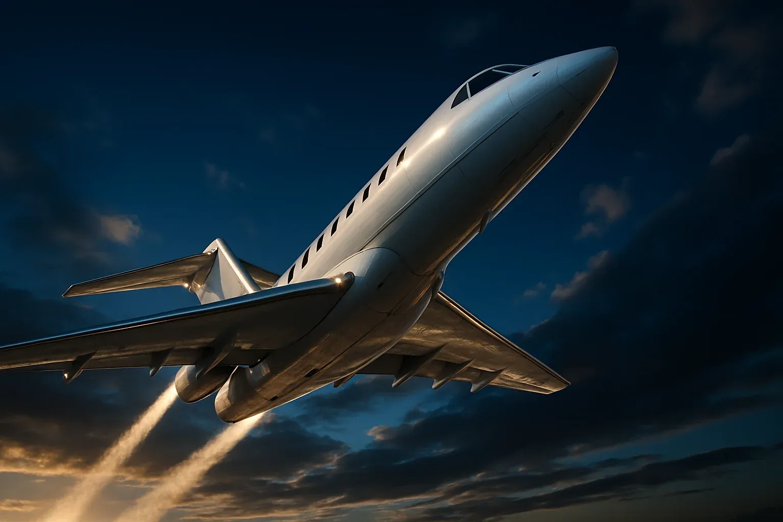 Hyperrealistic white jet aircraft climbing steeply in dramatic blue sky