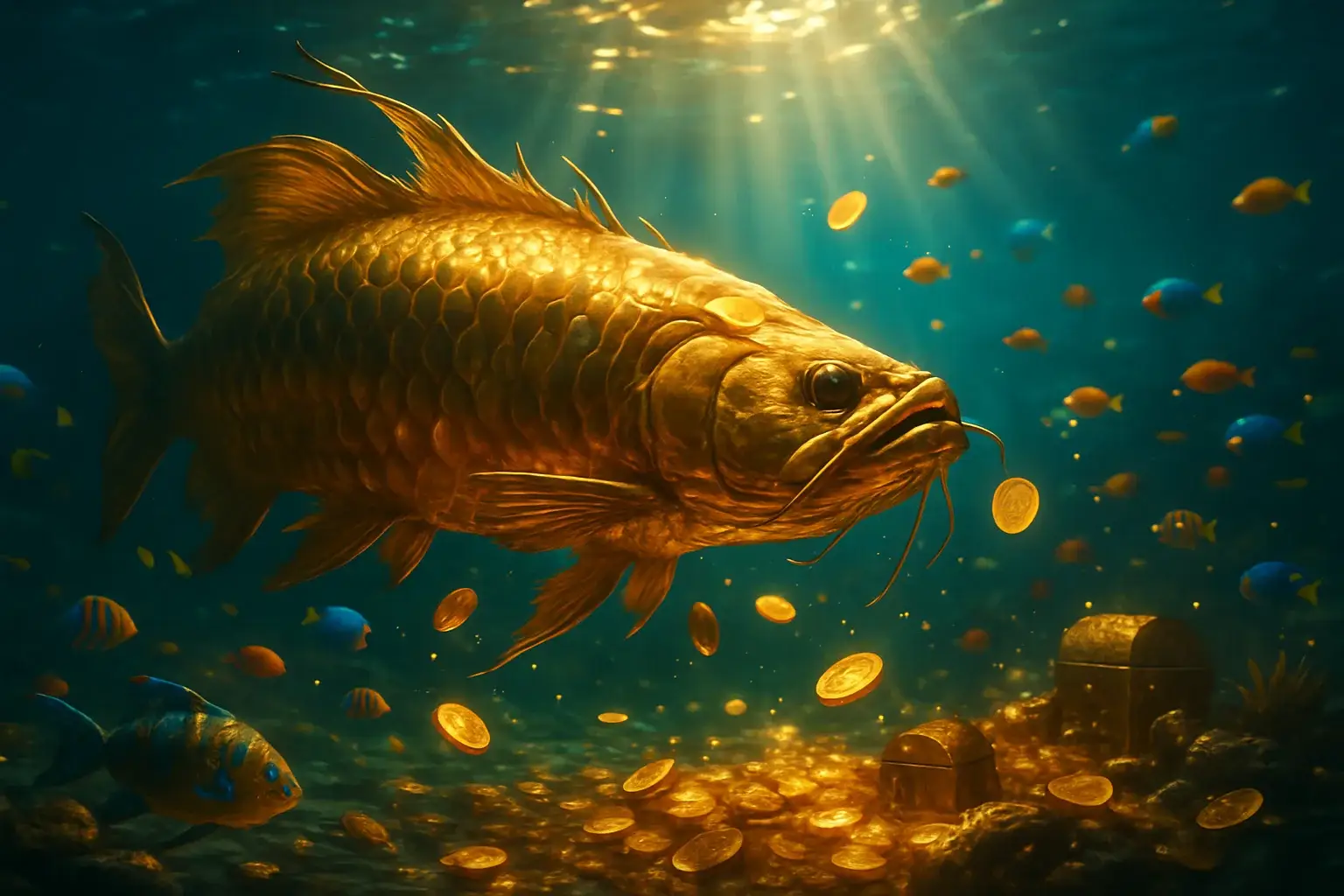 Massive golden dragon fish underwater with glowing coins and treasure