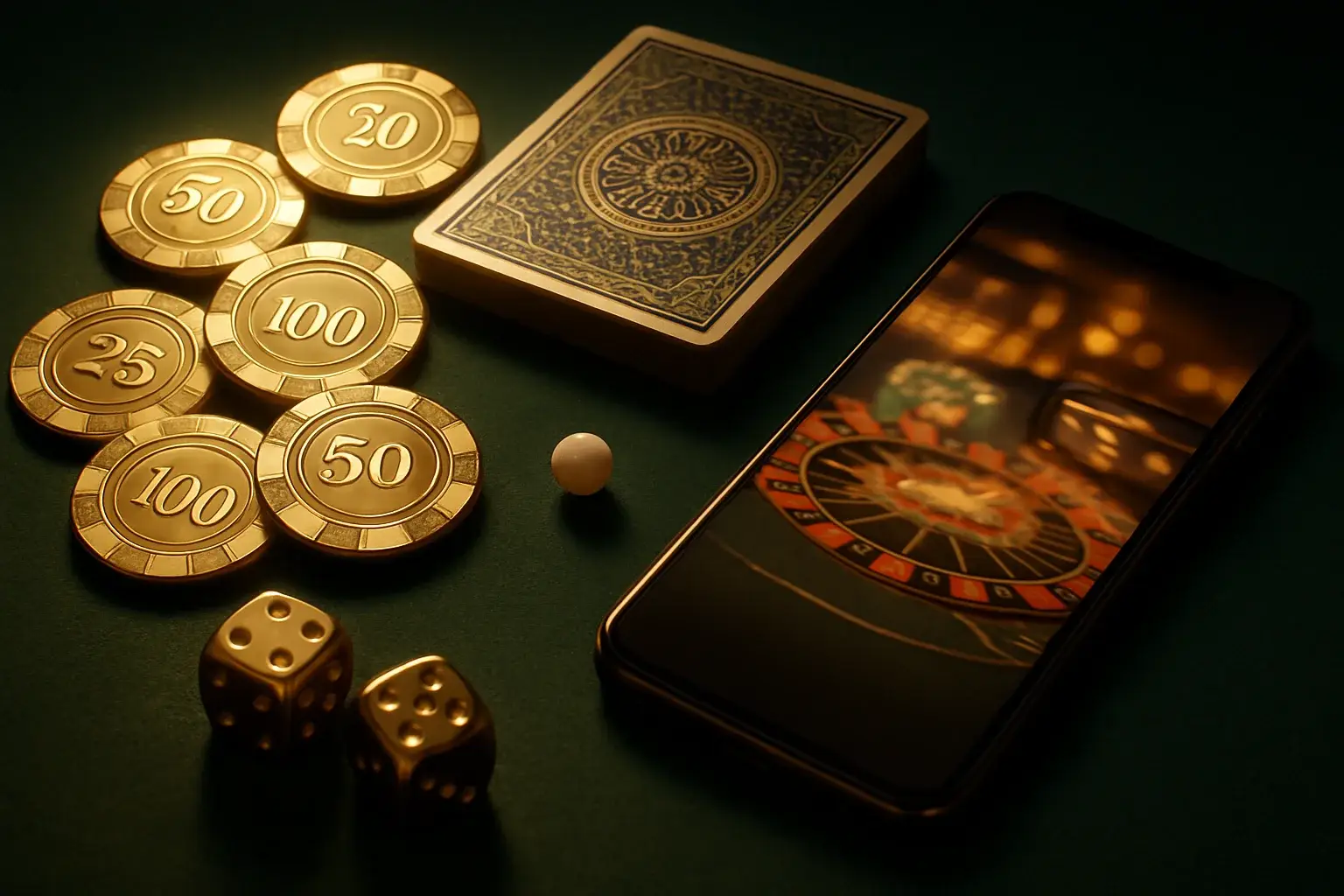 Top-down premium casino table with chips, cards, dice, roulette ball, smartphone