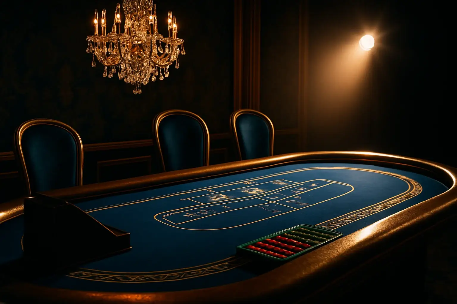 Hyperrealistic premium live baccarat studio in the Philippines with blue felt table