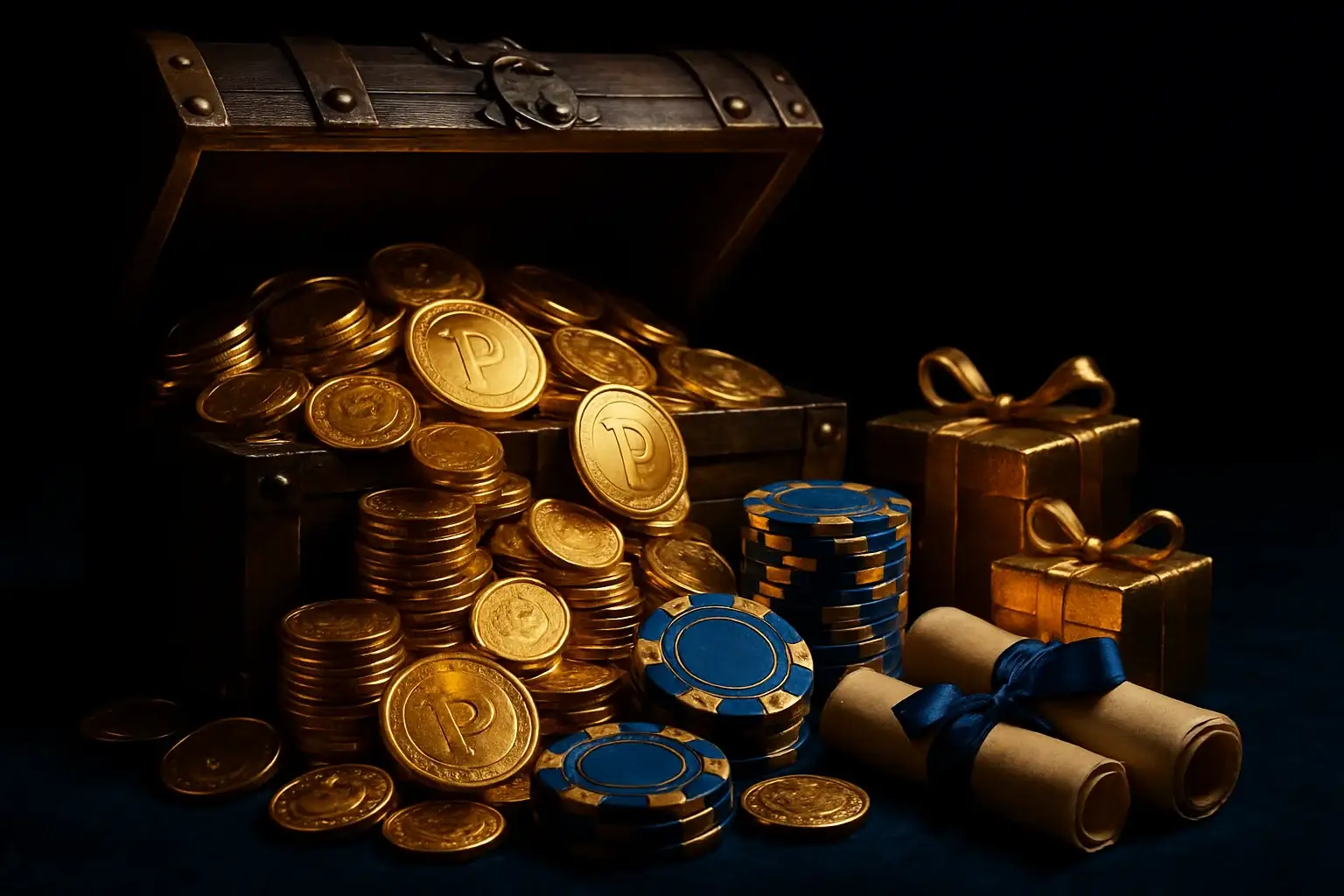 Overflowing treasure chest with gold coins, casino chips, vouchers, and gifts