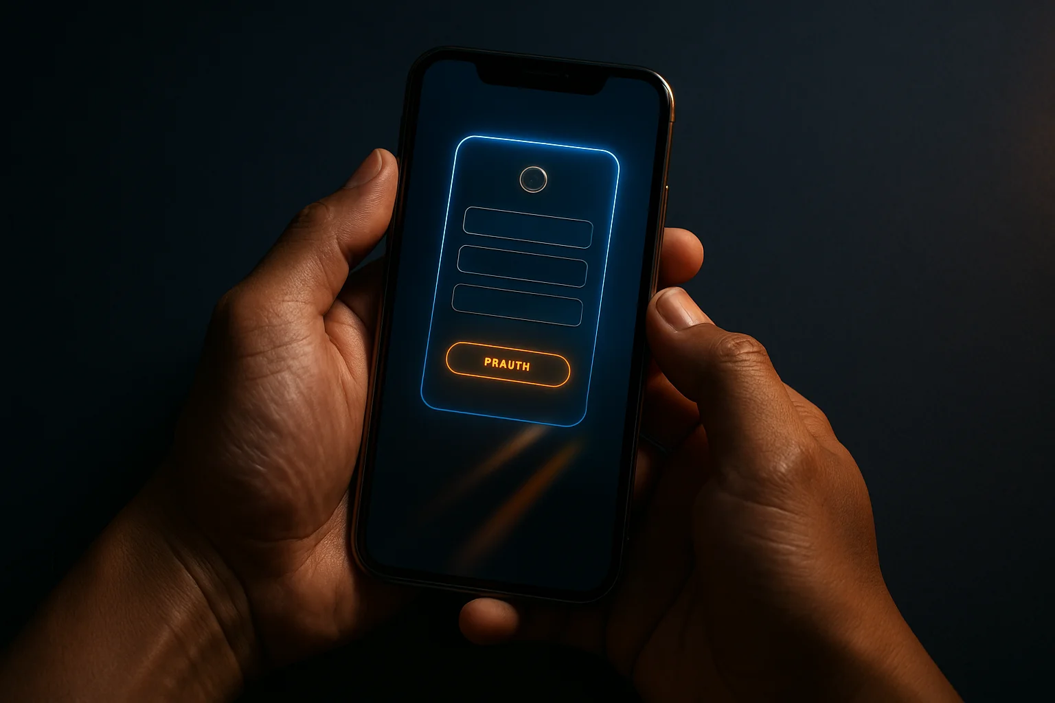 Filipino man's hands holding smartphone with glowing registration interface