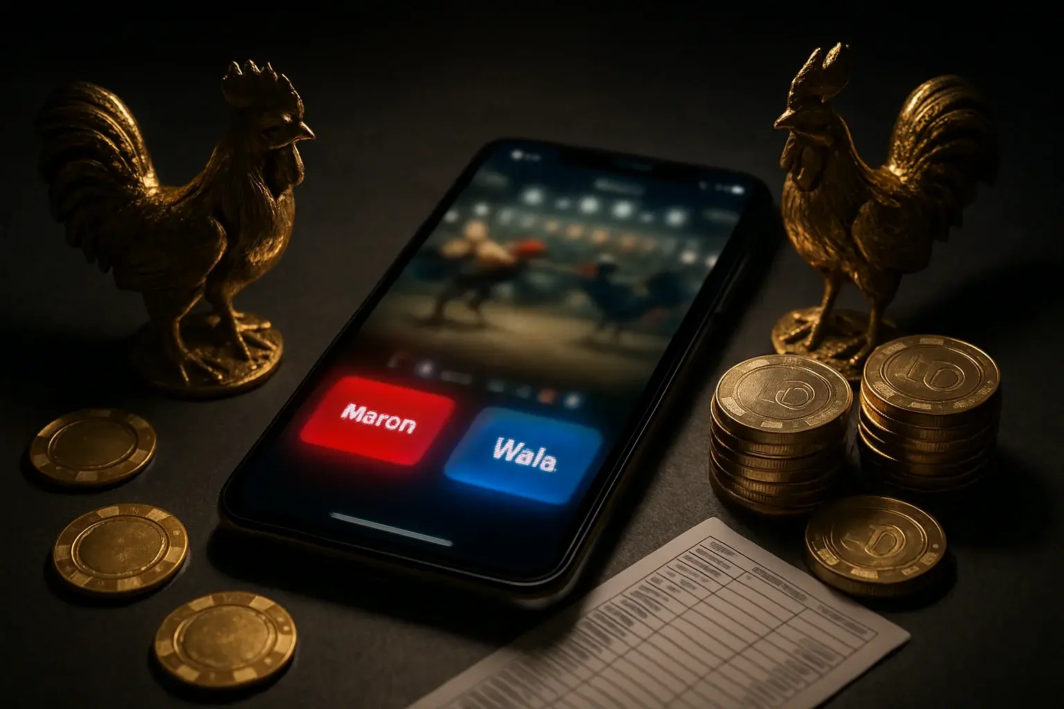 Smartphone with sabong betting interface, golden roosters, coins, and chips