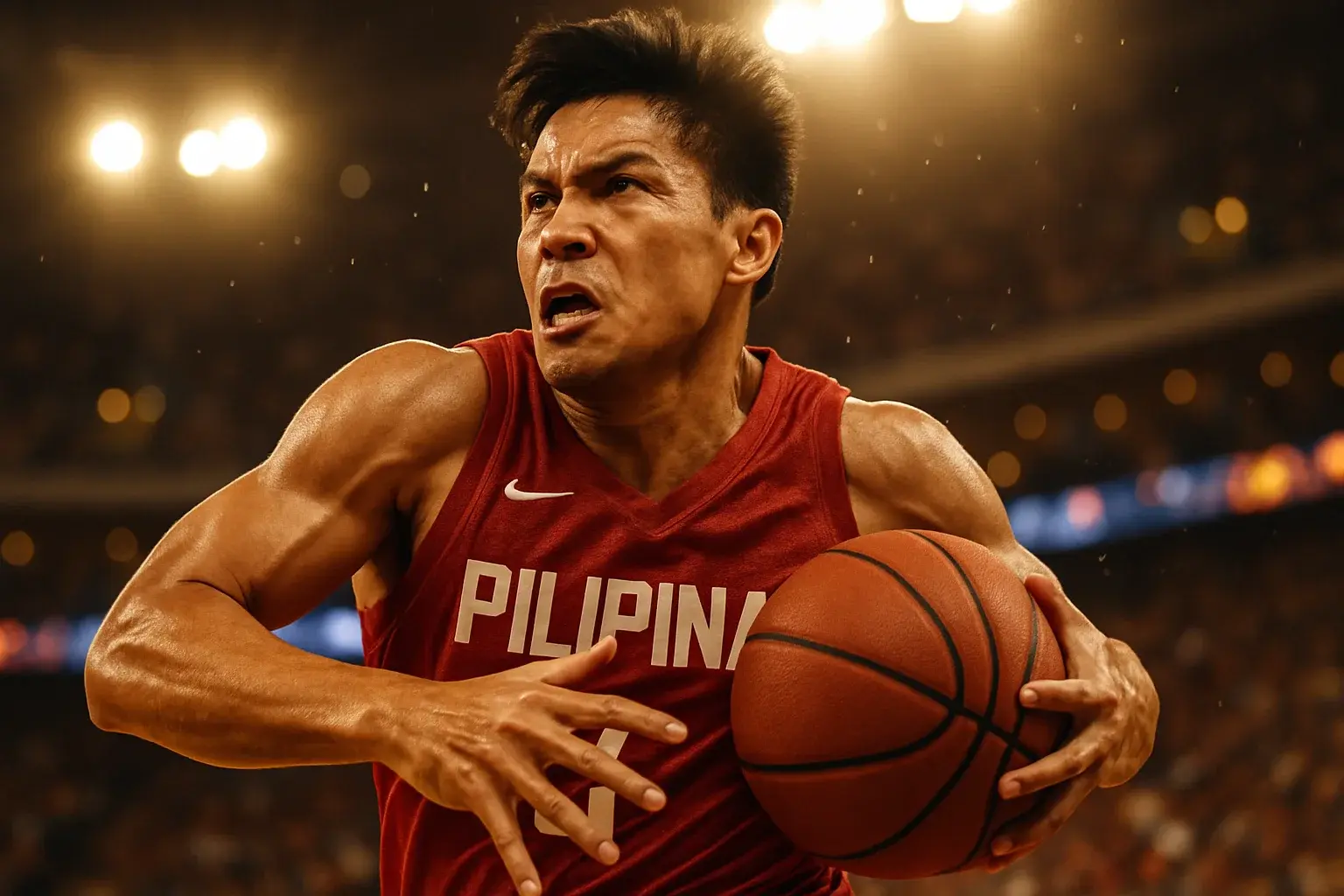 Filipino PBA basketball player driving mid-air toward the basket